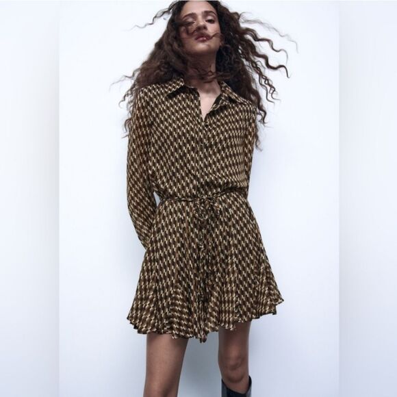 Zara Womens Black Gold Brown Retro Geo Print Button Down Skater Mini Dress sz M - Picture 1 of 16
